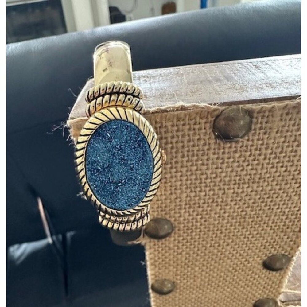 Gem Essence Women Watch 22mm Blue Drusy Cover Gold Tone Cuff Band Needs Battery